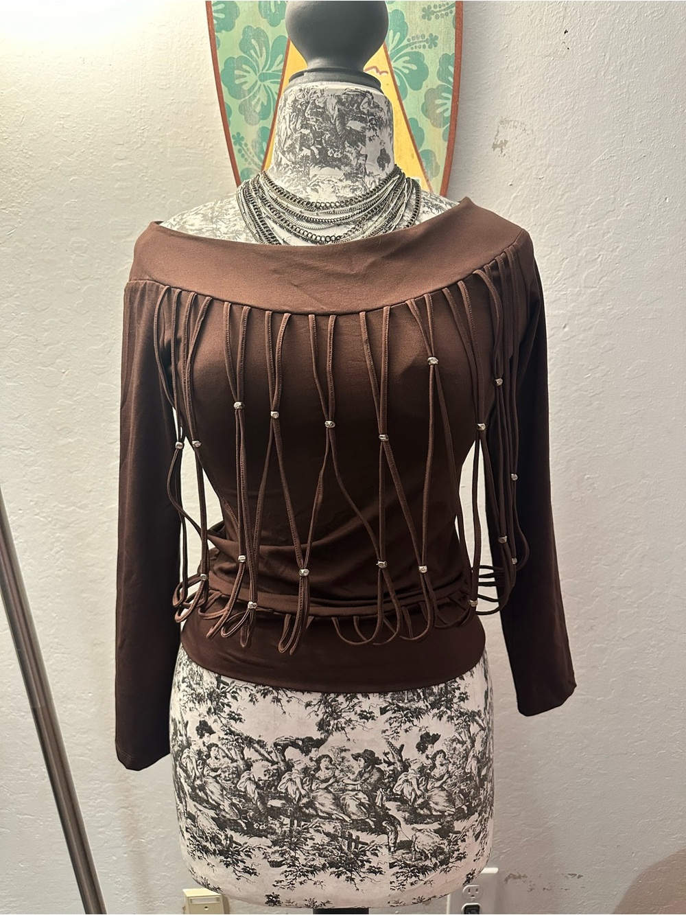 Amazon Women's Chocolate Brown Off-the-Shoulder Fringe Sweater with Bead Accents